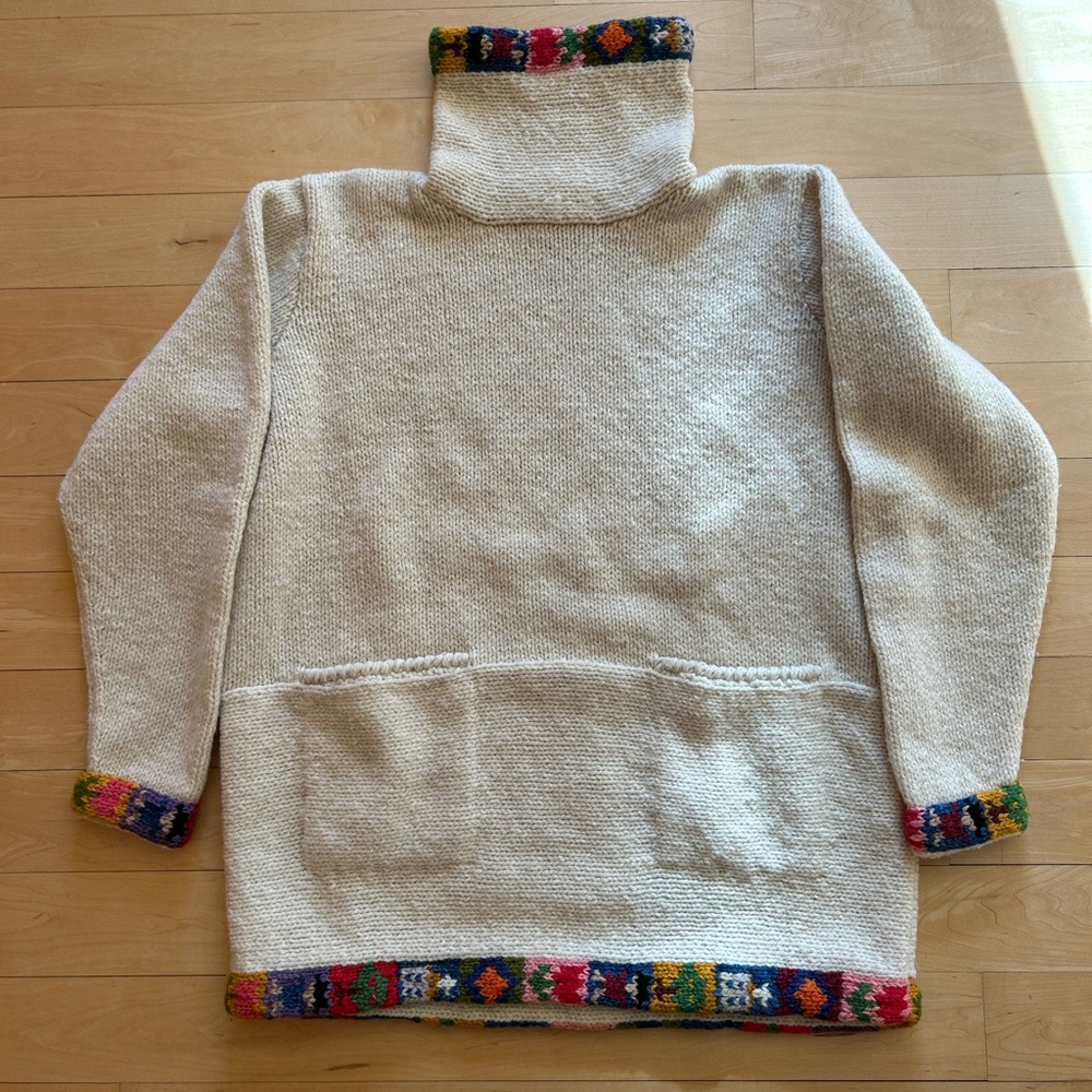 Amano 100% Wool Hand-Knit Funnel Neck Sweater Cream w/ Colorful Accents Size M/L - Picture 13 of 13
